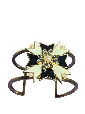 C Wonder Goldtone Cuff Bracelet Faux Pearls Rhinestones Cream Black Enamel 6.75"